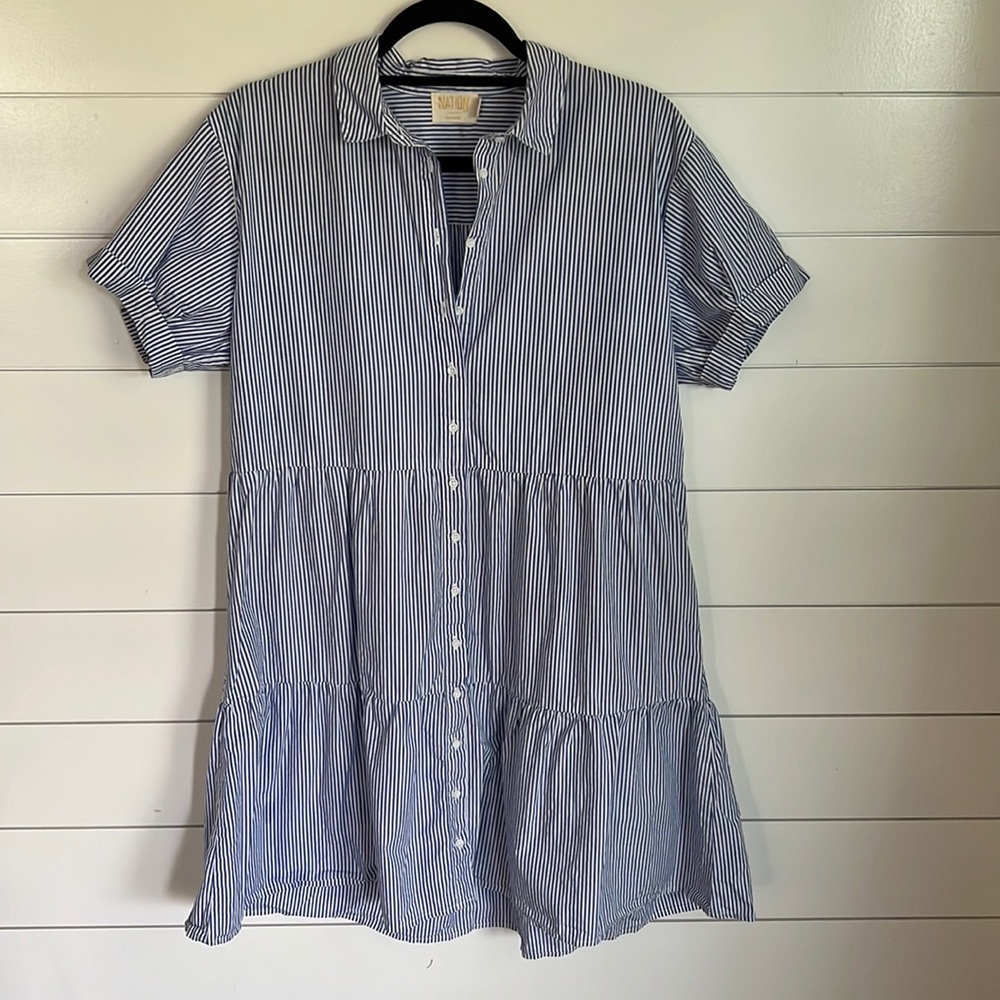 NATION LTD striped midi full button blue and white dress, size small 💚
